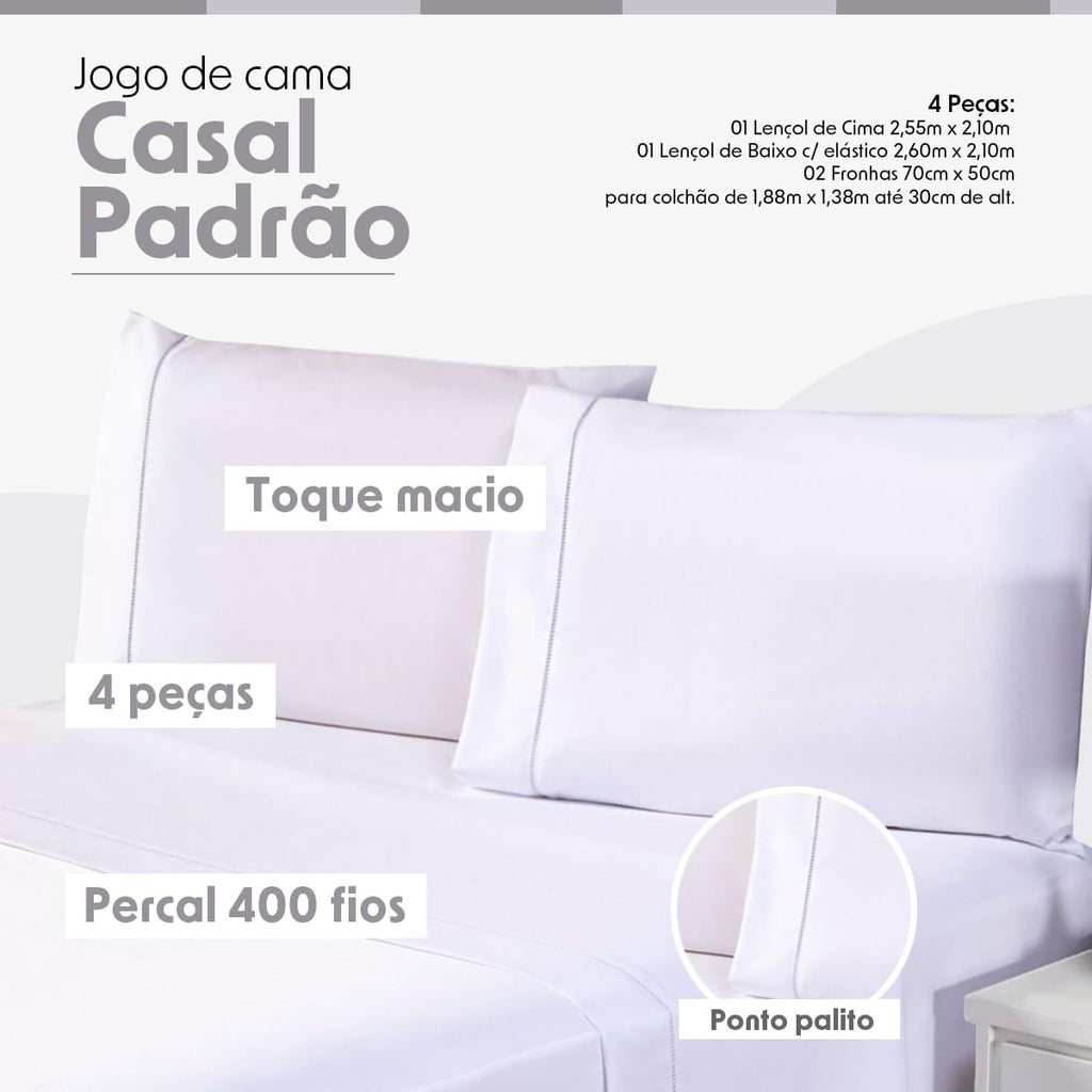 Jogo de Cama Casal Padrão Percal 400 Fios Ponto Palito 04 Peças, Antiácaro, Não faz bolinha Toque Extra Macio – Branco