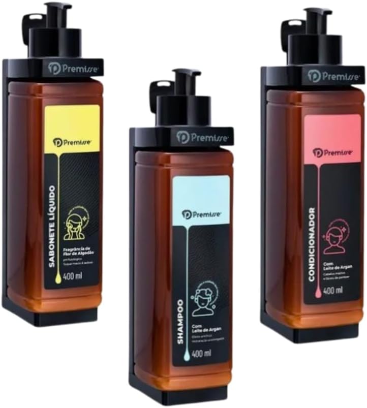 Kit Dispensers Parede + Shampoo Condicionador Sabonete Líquido 400ml Hotelaria Clínica Salão Hotel Spa Organização Economia Moderno Discreto
